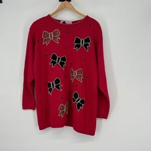Vintage Red Holiday Sweater Velvet Trim Beaded Bows Plaid Size L Christmas